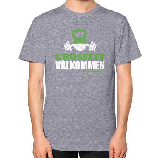 Unisex T-Shirt (on man) Tri-Blend Grey Crossfit Valkommen Store